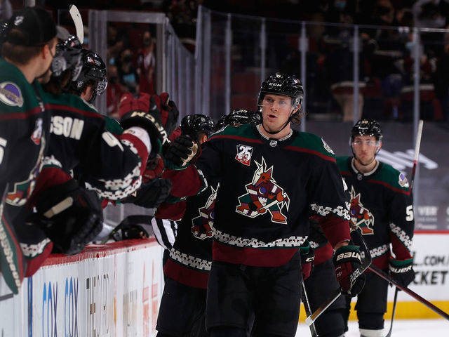 GLENDALE, ARIZONA - MAY 05: Jakob Chychrun #6 of the Arizona Coyotes celebrates with teammates on the bench after scoring a goal against the Los Angeles Kings during the first period of the NHL game at Gila River Arena on May 05, 2021 in Glendale, Arizona.
