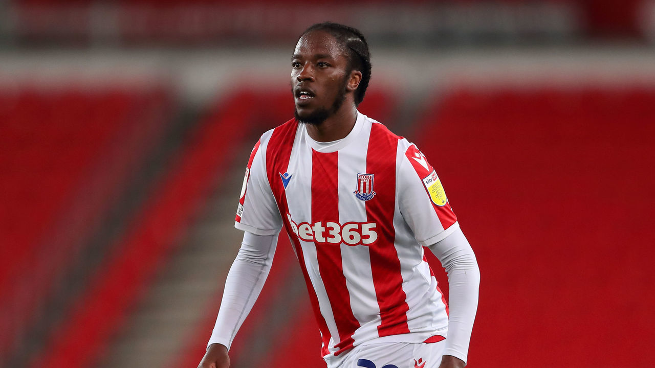 STOKE ON TRENT, ENGLAND - AUGUST 24: Romaine Sawyers of Stoke City during the Carabao Cup Second Round match between Stoke City and Doncaster Rovers at Bet365 Stadium on August 24, 2021 in Stoke on Trent, England.