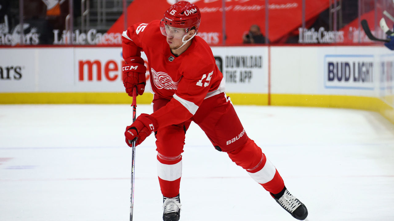 DETROIT, MICHIGAN - MAY 01: Jakub Vrana #15 of the Detroit Red Wings skates against the Tampa Bay Lightning at Little Caesars Arena on May 01, 2021 in Detroit, Michigan.