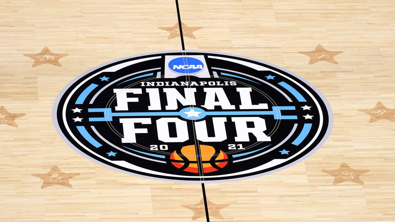INDIANAPOLIS, INDIANA - APRIL 02: A detail view of the center court logo is seen ahead of the Final Four Semifinal at Lucas Oil Stadium on April 02, 2021 in Indianapolis, Indiana.
