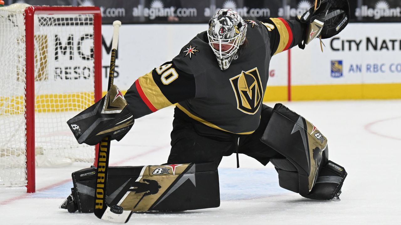 LAS VEGAS, NEVADA - APRIL 19: Robin Lehner #90 of the Vegas Golden Knights makes a save during the second period of a game against the San Jose Sharks at T-Mobile Arena on April 19, 2021 in Las Vegas, Nevada.