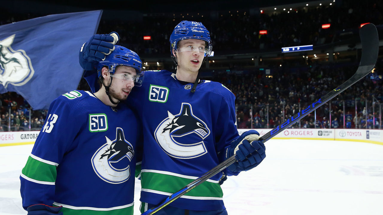 VANCOUVER, BC - MARCH 10: Elias Pettersson #40 and Quinn Hughes #43 of the Vancouver Canucks celebrate after winning their NHL game against the New York Islanders at Rogers Arena March 10, 2020 in Vancouver, British Columbia, Canada. Vancouver won 5-4.