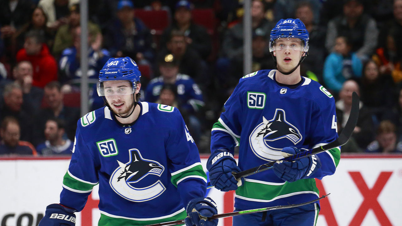VANCOUVER, BC - MARCH 10: Quinn Hughes #43 and Elias Pettersson #40 of the Vancouver Canucks skate up ice during their NHL game against the New York Islanders at Rogers Arena March 10, 2020 in Vancouver, British Columbia, Canada. "n