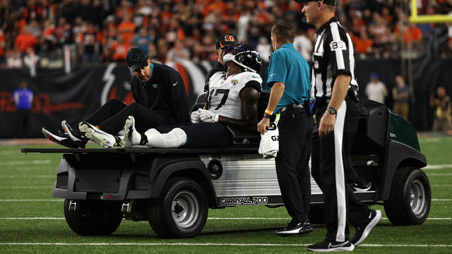 CINCINNATI, OHIO - SEPTEMBER 30: D.J. Chark #17 of the Jacksonville Jaguars leaves the field on a cart after an injury against the Cincinnati Bengals during the first half of an NFL football game at Paul Brown Stadium on September 30, 2021 in Cincinnati, Ohio.