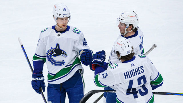 TORONTO, ON - FEBRUARY 08: Vancouver Canucks Center Elias Pettersson (40) celebrates his goal with Defenceman Quinn Hughes (43) and Left Wing J.T. Miller (9) during the second period of the NHL regular season game between the Vancouver Canucks and the Toronto Maple Leafs on February 8, 2021, at Scotiabank Arena in Toronto, ON, Canada.