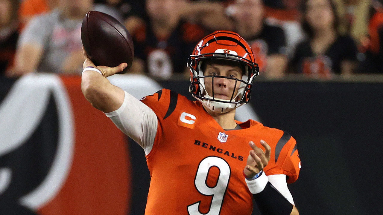 CINCINNATI, OHIO - SEPTEMBER 30: Joe Burrow #9 of the Cincinnati Bengals throws against the Jacksonville Jaguars during the first half of an NFL football game at Paul Brown Stadium on September 30, 2021 in Cincinnati, Ohio.