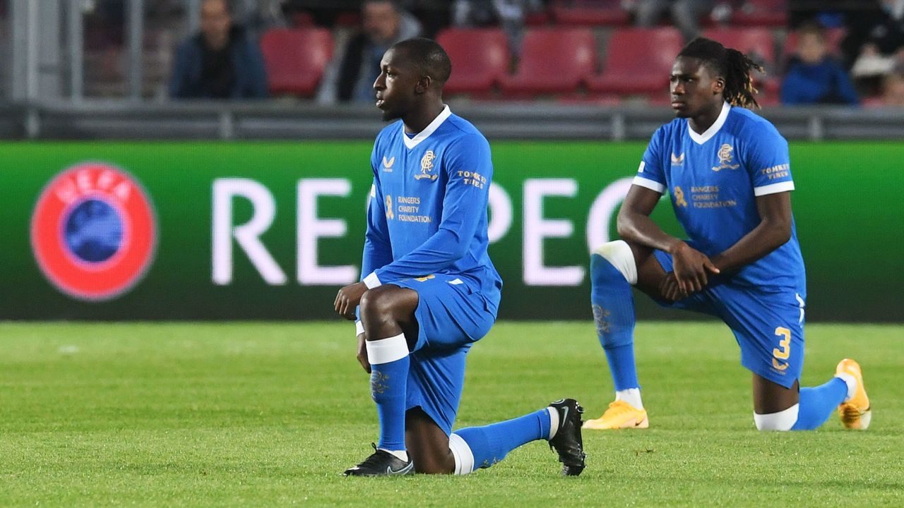 PRAGUE, CZECH REPUBLIC - SEPTEMBER 30: Rangers' Glen Kamara takes the knee ahead of kick off during a UEFA Europa League group stage match between Sparta Prague and Rangers at the Generali Arena, on September 30, in Prague, Czech Republic.