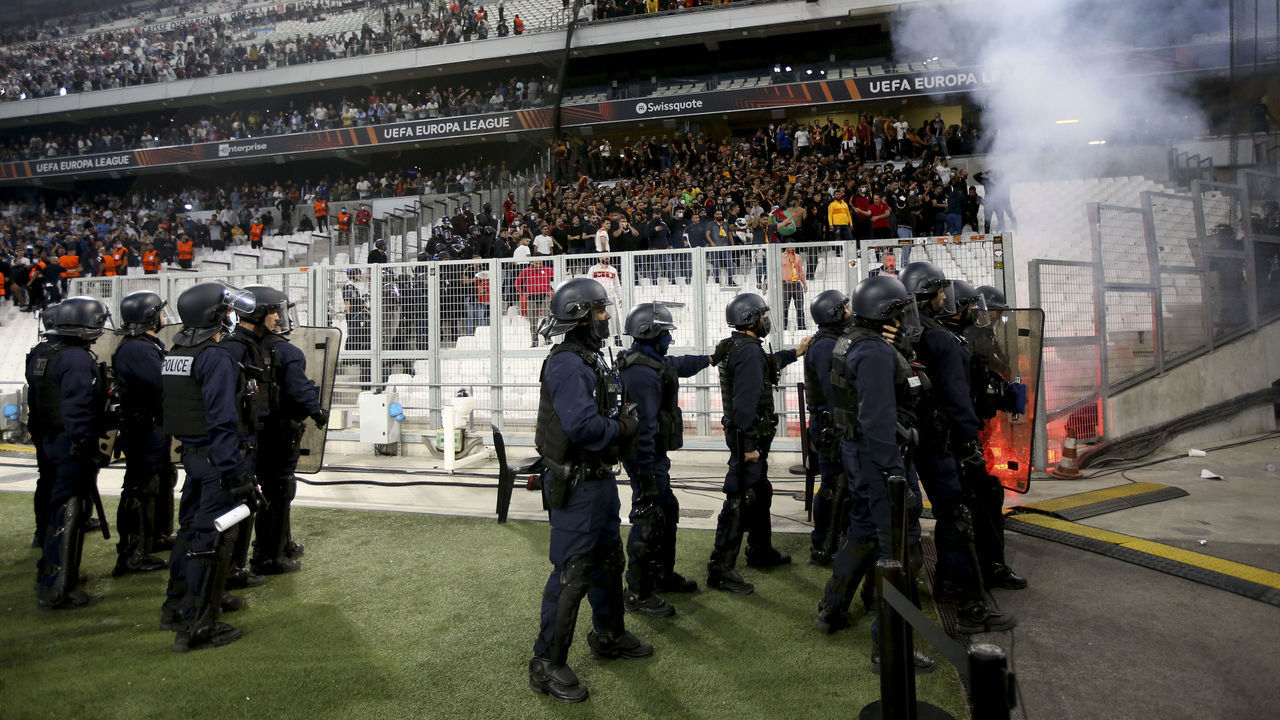 MARSEILLE, FRANCE - SEPTEMBER 30: Incidents between turkish supporters and supporters of Marseille during the UEFA Europa League group E match between Olympique de Marseille (OM) and Galatasaray AS at Stade Velodrome on September 30, 2021 in Marseille, France.