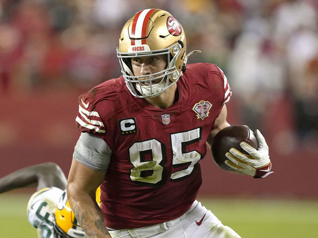 SANTA CLARA, CALIFORNIA - SEPTEMBER 26: George Kittle #85 of the San Francisco 49ers runs with the ball after catching a pass against the Green Bay Packers during the fourth quarter in the game at Levi's Stadium on September 26, 2021 in Santa Clara, California.