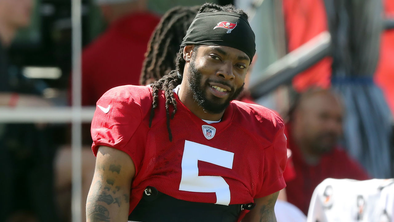 TAMPA, FL - SEP 29: Newly signed Tampa Bay Buccaneers defensive back Richard Sherman (5) smiles during the Tampa Bay Buccaneers work out on September 29, 2021 at the AdventHealth Training Center at One Buccaneer Place in Tampa, Florida.