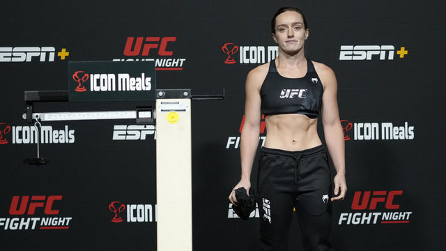 LAS VEGAS, NEVADA - OCTOBER 01: Aspen Ladd poses after failing to make weight during the UFC Fight Night weigh-in at UFC APEX on October 01, 2021 in Las Vegas, Nevada.