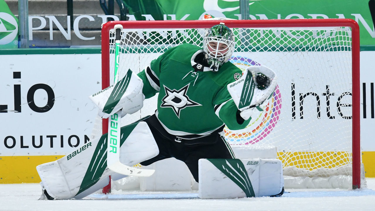 DALLAS, TX - MARCH 28: Jake Oettinger #29 of the Dallas Stars makes a save against the Florida Panthers at the American Airlines Center on March 28, 2021 in Dallas, Texas.