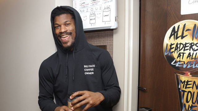 ORLANDO, FL - SEPTEMBER 29: Jimmy Butler of the Miami Heat poses outside his door for "Big Face Coffee" as part of the NBA Restart 2020 on September 29, 2020 at the hotel in Orlando, Florida. NOTE TO USER: User expressly acknowledges and agrees that, by downloading and/or using this photograph, user is consenting to the terms and conditions of the Getty Images License Agreement. Mandatory Copyright Notice: Copyright 2020 NBAE