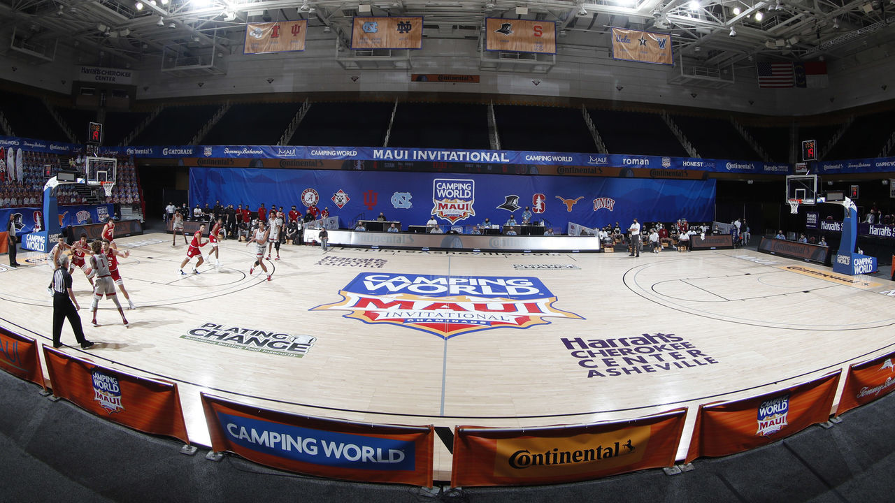 ASHEVILLE, NC - DECEMBER 02: Indiana Hoosiers play against the Stanford Cardinal in the final round of the Camping World Maui Invitational on December 2, 2020, at the Harrah's Cherokee Center in Asheville, NC.
