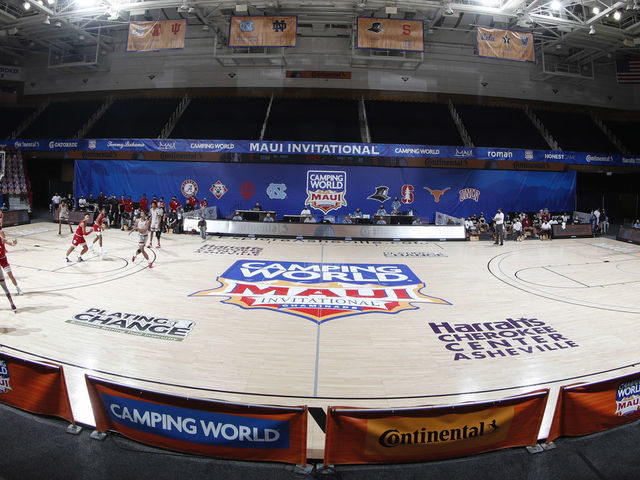 ASHEVILLE, NC - DECEMBER 02: Indiana Hoosiers play against the Stanford Cardinal in the final round of the Camping World Maui Invitational on December 2, 2020, at the Harrah's Cherokee Center in Asheville, NC.