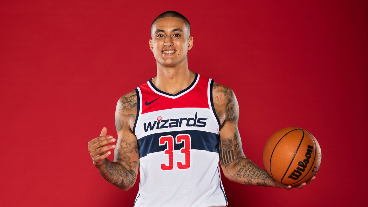 WASHINGTON, DC - SEPTEMBER 27: Kyle Kuzma #33 of the Washington Wizards poses for portraits during NBA Media Day on September 27, 2021 at Entertainment and Sports Arena in Washington, DC. Mandatory Copyright Notice: Copyright 2021 NBAE