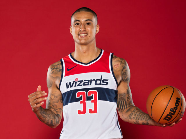 WASHINGTON, DC - SEPTEMBER 27: Kyle Kuzma #33 of the Washington Wizards poses for portraits during NBA Media Day on September 27, 2021 at Entertainment and Sports Arena in Washington, DC. Mandatory Copyright Notice: Copyright 2021 NBAE