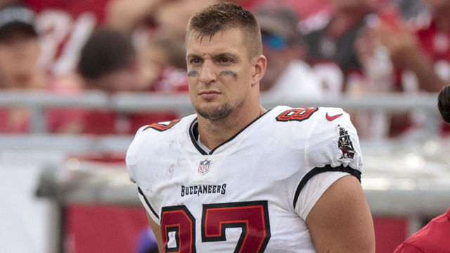 TAMPA, FLORIDA - SEPTEMBER 19: Rob Gronkowski #87 of the Tampa Bay Buccaneers looks on during the second half against the Atlanta Falcons at Raymond James Stadium on September 19, 2021 in Tampa, Florida.