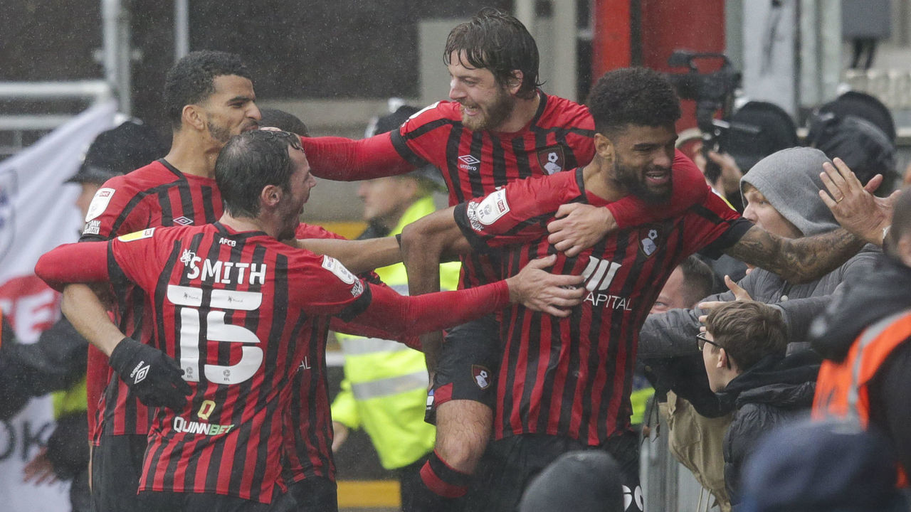 BOURNEMOUTH, ENGLAND - OCTOBER 02: Philip Billing of Bournemouth is congratulated by team-mates after he scores a goal to make it 2-1 during the Sky Bet Championship match between AFC Bournemouth and Sheffield United at Vitality Stadium on October 02, 2021 in Bournemouth, England.