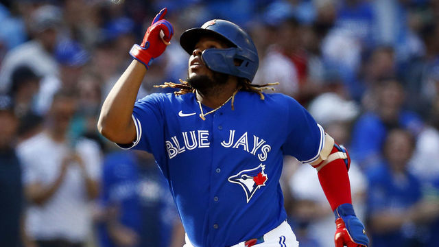 TORONTO, ON - OCTOBER 02: Vladimir Guerrero Jr. #27 of the Toronto Blue Jays celebrates after hitting a two-run home run in the first inning during a MLB game against the Baltimore Orioles at Rogers Centre on October 2, 2021 in Toronto, Ontario, Canada.