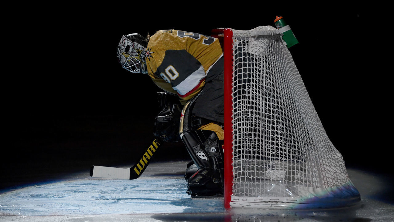LAS VEGAS, NEVADA - MARCH 22: Robin Lehner #90 of the Vegas Golden Knights is introduced before a game against the St. Louis Blues at T-Mobile Arena on March 22, 2021 in Las Vegas, Nevada. The Golden Knights defeated the Blues 5-1.