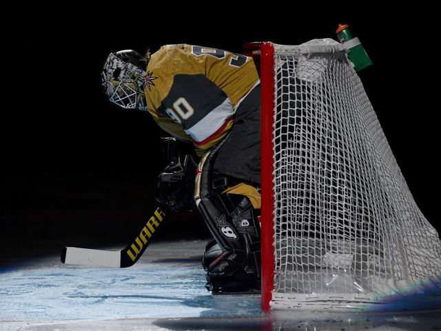 LAS VEGAS, NEVADA - MARCH 22: Robin Lehner #90 of the Vegas Golden Knights is introduced before a game against the St. Louis Blues at T-Mobile Arena on March 22, 2021 in Las Vegas, Nevada. The Golden Knights defeated the Blues 5-1.