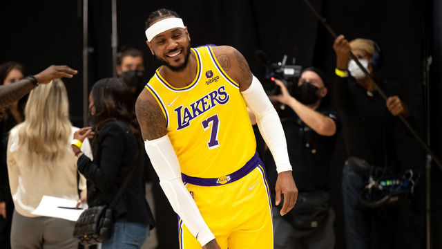 El Sugundo, CA - September 28:Lakers Carmelo Anthony at Lakers media day Tuesday, September 28, 2021.