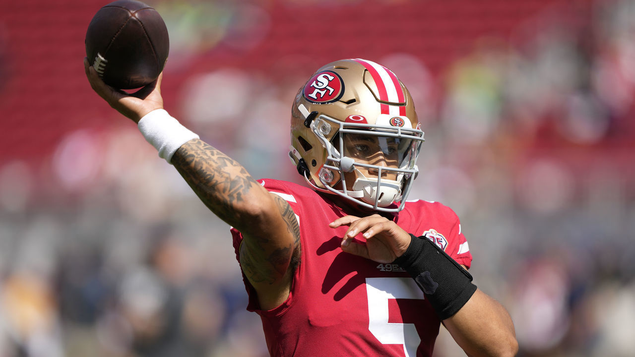 SANTA CLARA, CALIFORNIA - OCTOBER 03: Trey Lance #5 of the San Francisco 49ers throws the ball during pregame against the Seattle Seahawks at Levi's Stadium on October 03, 2021 in Santa Clara, California.