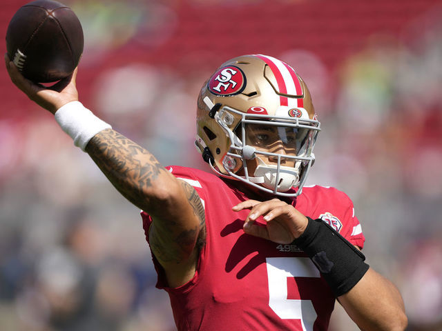 SANTA CLARA, CALIFORNIA - OCTOBER 03: Trey Lance #5 of the San Francisco 49ers throws the ball during pregame against the Seattle Seahawks at Levi's Stadium on October 03, 2021 in Santa Clara, California.