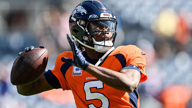 DENVER, CO - OCTOBER 3: Teddy Bridgewater #5 of the Denver Broncos throws the ball as players warm up before a game against the Baltimore Ravens at Empower Field at Mile High on October 3, 2021 in Denver, Colorado.