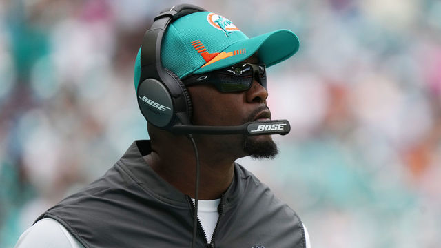 MIAMI GARDENS, FLORIDA - OCTOBER 03: Head coach Brian Flores of the Miami Dolphins on the sidelines in the game against the Indianapolis Colts during the first quarter at Hard Rock Stadium on October 03, 2021 in Miami Gardens, Florida.