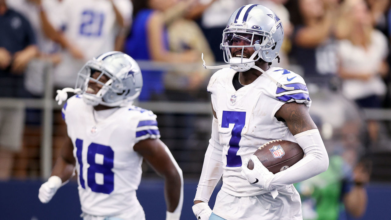 ARLINGTON, TEXAS - OCTOBER 03: Trevon Diggs #7 of the Dallas Cowboys after an interception during the third quarter against the Carolina Panthers at AT&T Stadium on October 03, 2021 in Arlington, Texas.