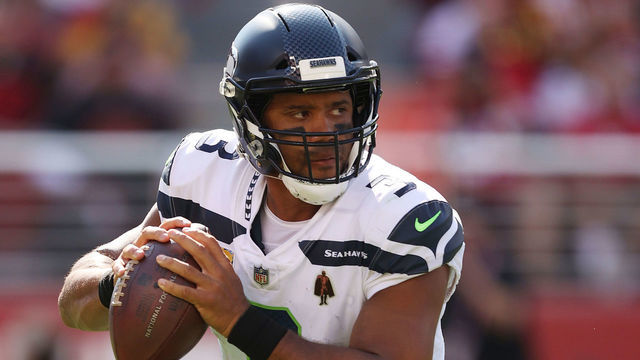 SANTA CLARA, CALIFORNIA - OCTOBER 03: Russell Wilson #3 of the Seattle Seahawks looks to throw the ball during the third quarter against the San Francisco 49ers at Levi's Stadium on October 03, 2021 in Santa Clara, California.