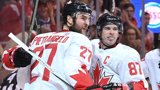 TORONTO, ON - SEPTEMBER 20: Alex Pietrangelo #27, Sidney Crosby #87 and Brent Burns #88 of Team Canada celebrate after a second period goal on Team USA during the World Cup of Hockey 2016 at Air Canada Centre on September 20, 2016 in Toronto, Ontario, Canada.