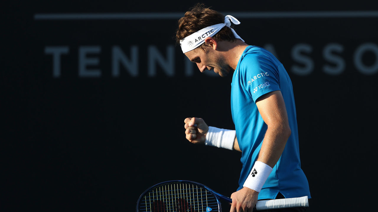 SAN DIEGO, CALIFORNIA - OCTOBER 03: Casper Ruud of Norway reacts in the Finals match against Cameron Norrie of Great Britain (6-0, 6-2) of the San Diego Open at Barnes Tennis Center on October 03, 2021 in San Diego, California.
