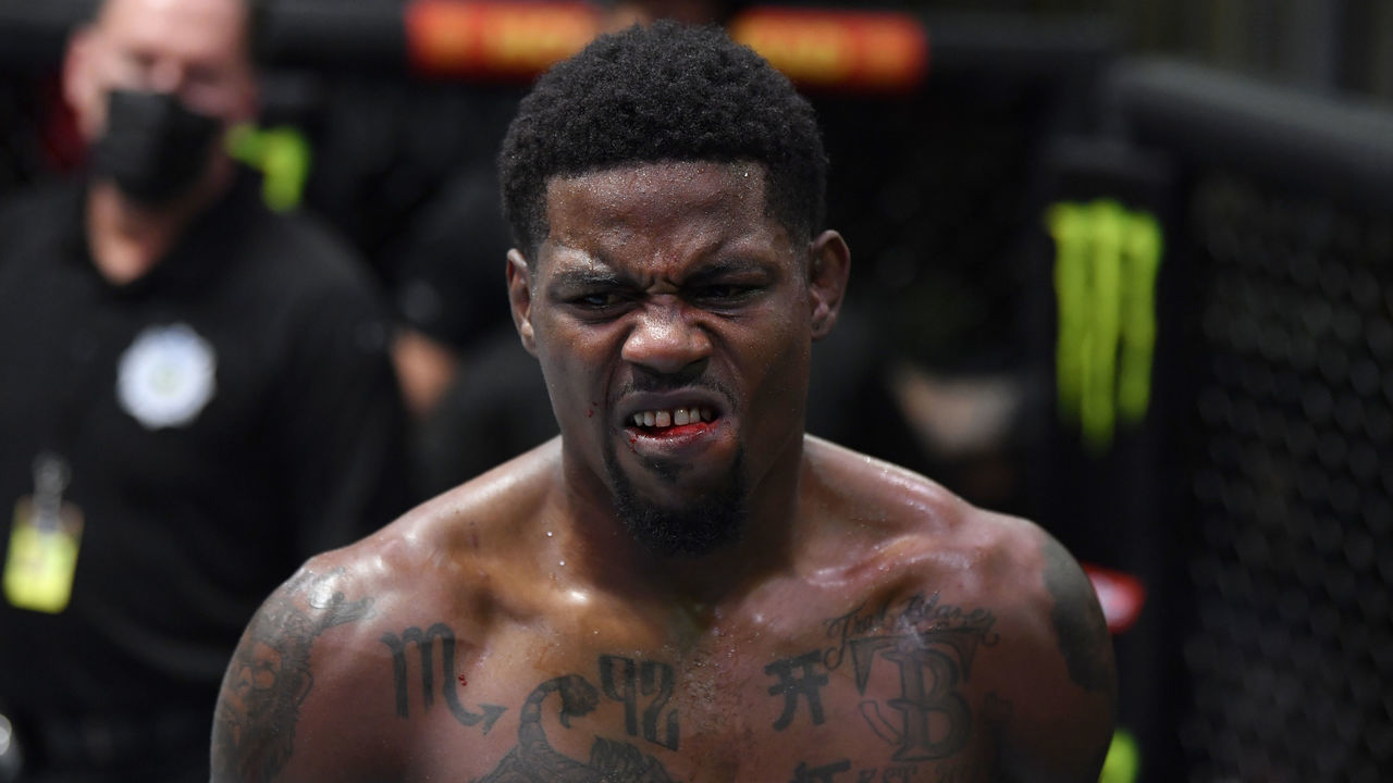 LAS VEGAS, NEVADA - OCTOBER 02: Kevin Holland reacts after being submitted by Kyle Daukaus in their middleweight bout during the UFC Fight Night event at UFC APEX on October 02, 2021 in Las Vegas, Nevada.