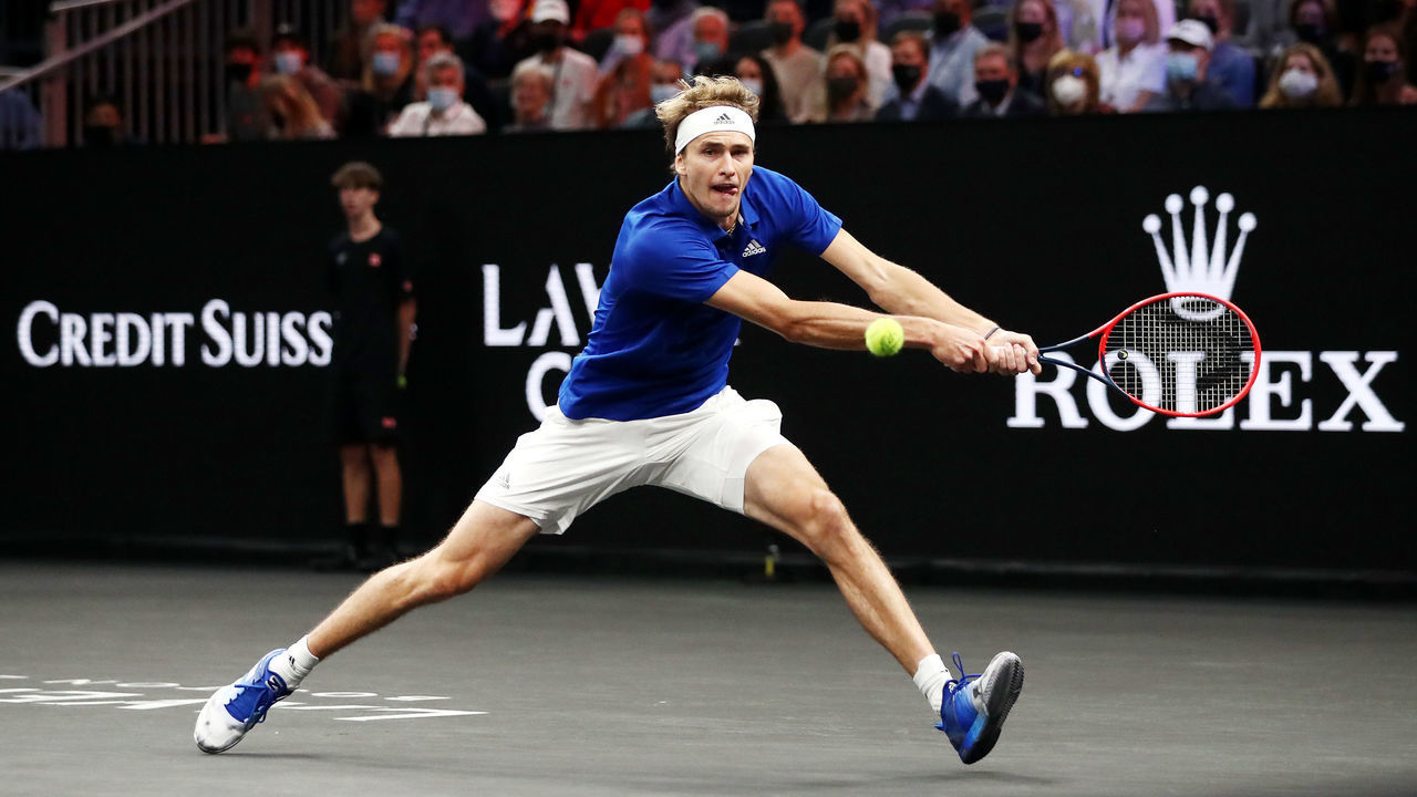 BOSTON, MASSACHUSETTS - SEPTEMBER 25: Alexander Zverev of Team Europe returns a shot against John Isner of Team World during Day 2 of the 2021 Laver Cup at TD Garden on September 25, 2021 in Boston, Massachusetts.