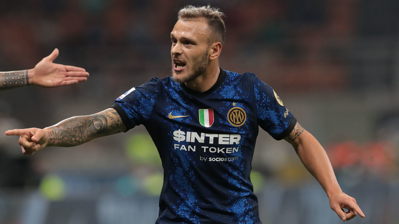MILAN, ITALY - SEPTEMBER 25: Federico Dimarco of FC Internazionale gestures during the Serie A match between FC Internazionale and Atalanta BC at Stadio Giuseppe Meazza on September 25, 2021 in Milan, Italy.