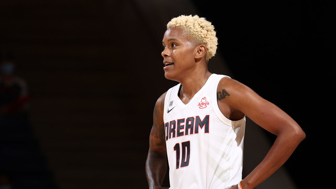 WASHINGTON, DC - SEPTEMBER 10: Courtney Williams #10 of the Atlanta Dream looks on during the game against the Washington Mystics on September 10, 2021 at the Entertainment & Sports Arena in Washington, DC. Mandatory Copyright Notice: Copyright 2021 NBAE