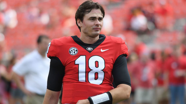 ATHENS, GA - SEPTEMBER 11: Georgia Bulldogs Quarterback JT Daniels (18) during warmups before the college football game between the UAB Blazers and the Georgia Bulldogs on September 11, 2021, at Sanford Stadium in Athens, Ga.