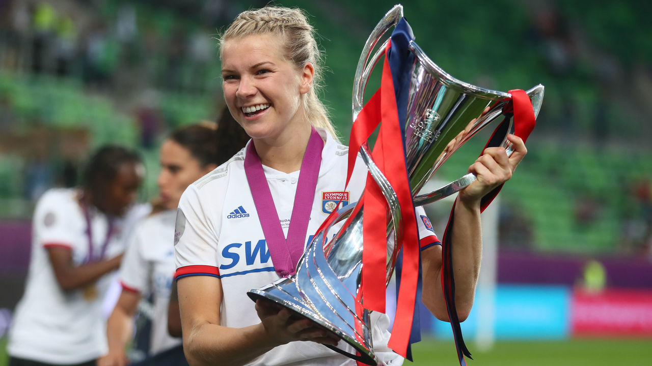 Ada Hegerberg of Olympique Lyonnais with Trophy during the UEFA Women's Champions League Final between Olympique Lyonnais and FC Barcelona Women at Groupama Arena on May 18, 2019 in Budapest, Hungary