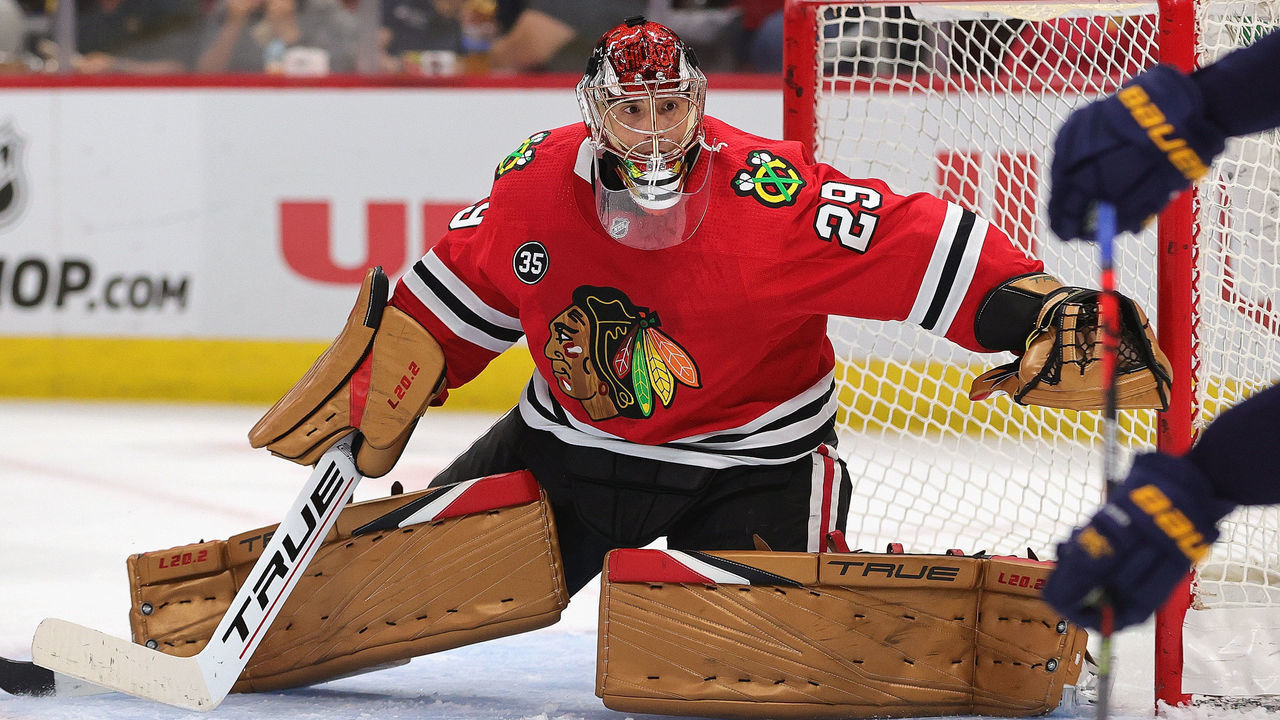 CHICAGO, ILLINOIS - OCTOBER 01: Marc-Andre Fleury #29 of the Chicago Blackhawks minds the net against the St. Louis Blues during a preseason game at the United Center on October 01, 2021 in Chicago, Illinois.