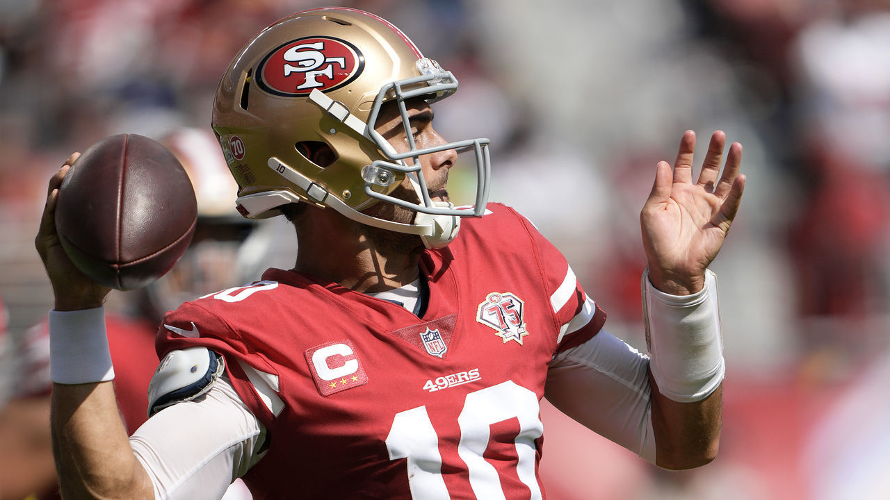 SANTA CLARA, CALIFORNIA - OCTOBER 03: Jimmy Garoppolo #10 of the San Francisco 49ers looks to throw a pass during the second quarter against the Seattle Seahawks at Levi's Stadium on October 03, 2021 in Santa Clara, California.