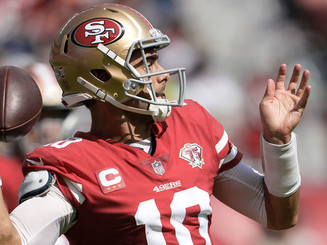 SANTA CLARA, CALIFORNIA - OCTOBER 03: Jimmy Garoppolo #10 of the San Francisco 49ers looks to throw a pass during the second quarter against the Seattle Seahawks at Levi's Stadium on October 03, 2021 in Santa Clara, California.