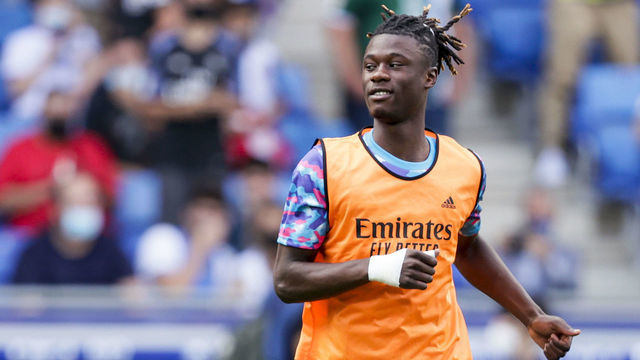 CORNELLA, SPAIN - OCTOBER 3: Eduardo Camavinga of Real Madrid during the La Liga Santander match between Espanyol v Real Madrid at the RCDE Stadium on October 3, 2021 in Cornella Spain