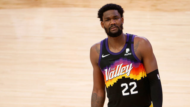 PHOENIX, ARIZONA - JULY 17: Deandre Ayton #22 of the Phoenix Suns reacts in the first half of game five of the NBA Finals at Footprint Center on July 17, 2021 in Phoenix, Arizona.