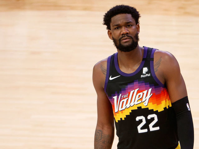 PHOENIX, ARIZONA - JULY 17: Deandre Ayton #22 of the Phoenix Suns reacts in the first half of game five of the NBA Finals at Footprint Center on July 17, 2021 in Phoenix, Arizona.