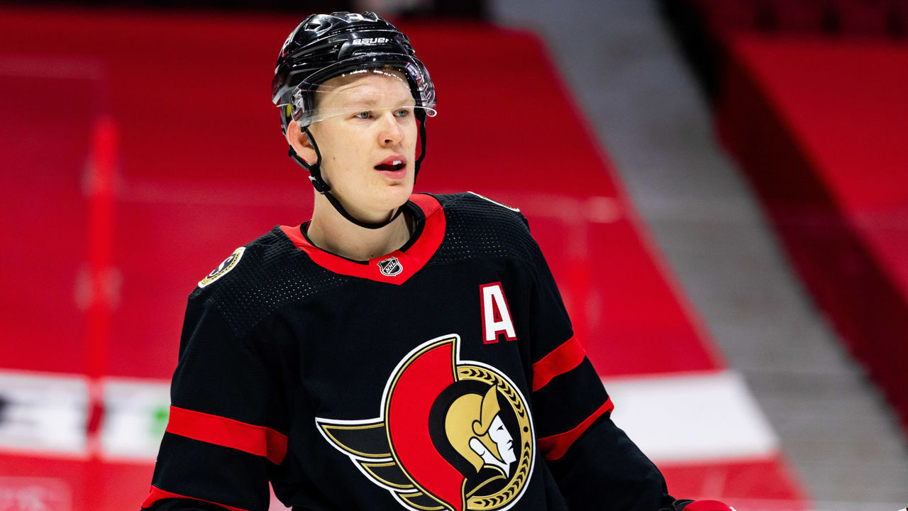 OTTAWA, ON - APRIL 08: Ottawa Senators Left Wing Brady Tkachuk (7) before a face-off during second period National Hockey League action between the Edmonton Oilers and Ottawa Senators on April 8, 2021, at Canadian Tire Centre in Ottawa, ON, Canada.