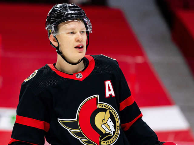 OTTAWA, ON - APRIL 08: Ottawa Senators Left Wing Brady Tkachuk (7) before a face-off during second period National Hockey League action between the Edmonton Oilers and Ottawa Senators on April 8, 2021, at Canadian Tire Centre in Ottawa, ON, Canada.