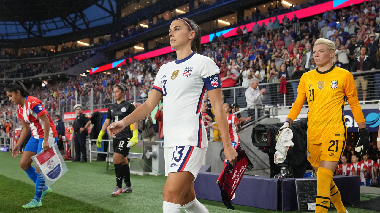 CINCINNATI, OH - SEPTEMBER 21: United States Women's Captain Alex Morgan #13 leads team out to the field during a game between Paraguay and USWNT at TQL Stadium on September 21, 2021 in Cincinnati, Ohio.